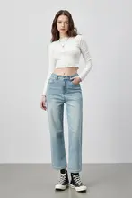 春夏用 9分丈 ワイドストレートデニムパンツ【快適 ストレッチ・ウォッシュ加工・女性用】