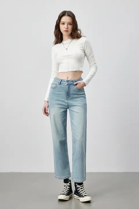 春夏用 9分丈 ワイドストレートデニムパンツ【快適 ストレッチ・ウォッシュ加工・女性用】