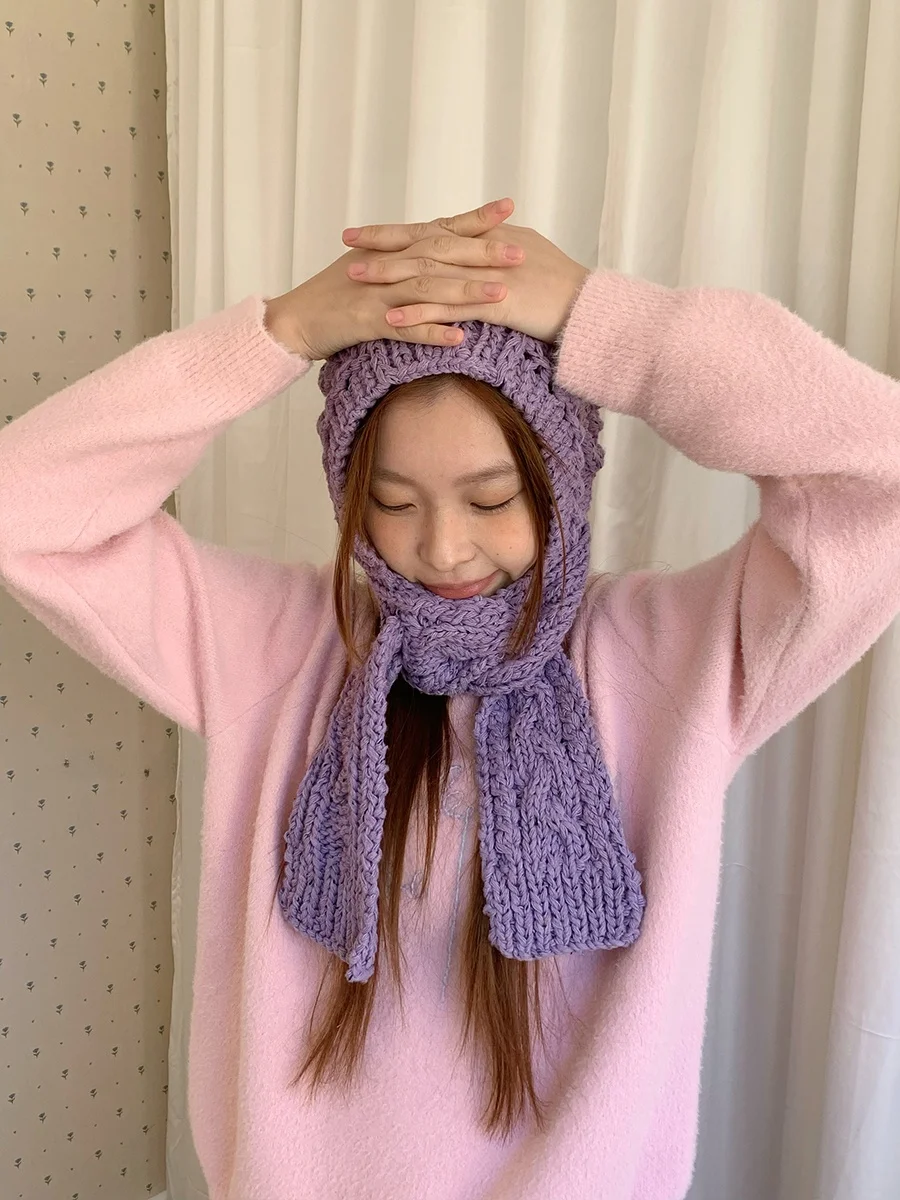 レトロニット刺繍フード付きスカーフハット：韓国風カジュアルスタイルの実用性と使い分け