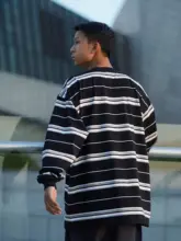 秋冬ストライプポケットTシャツ【コットン・クルーネック・ゆったり・長袖】
