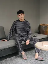 男性用 睡眠着【純綿・薄手・長袖・カジュアルなストライプ・家でも外出もOK】（セットアップ対応）
