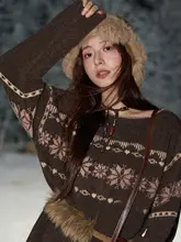 雪花柄ニットセーター【ゆったりとしたレトロスタイル・仮牛毛・秋冬用】