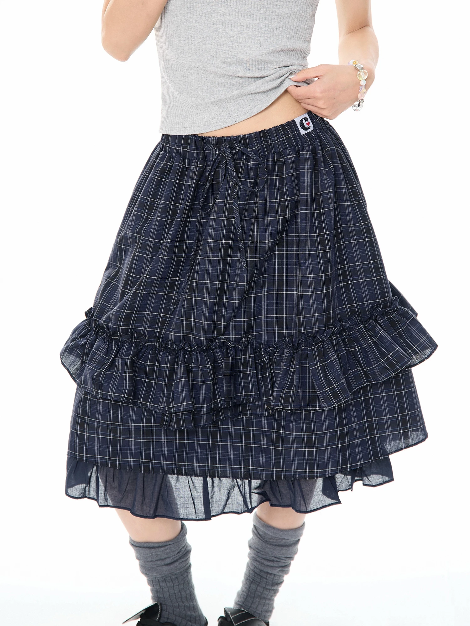 レディース 夏用チェック柄レースフレアミディスカート【学院風・ハイウエスト・体型カバー】（セットアップ対応）