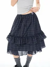 レディース 夏用チェック柄レースフレアミディスカート【学院風・ハイウエスト・体型カバー】（セットアップ対応）