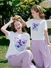 親子ファッション母娘お揃い運動ウェア【紫の花柄・Tシャツ・パンツ・セットアップ対応】