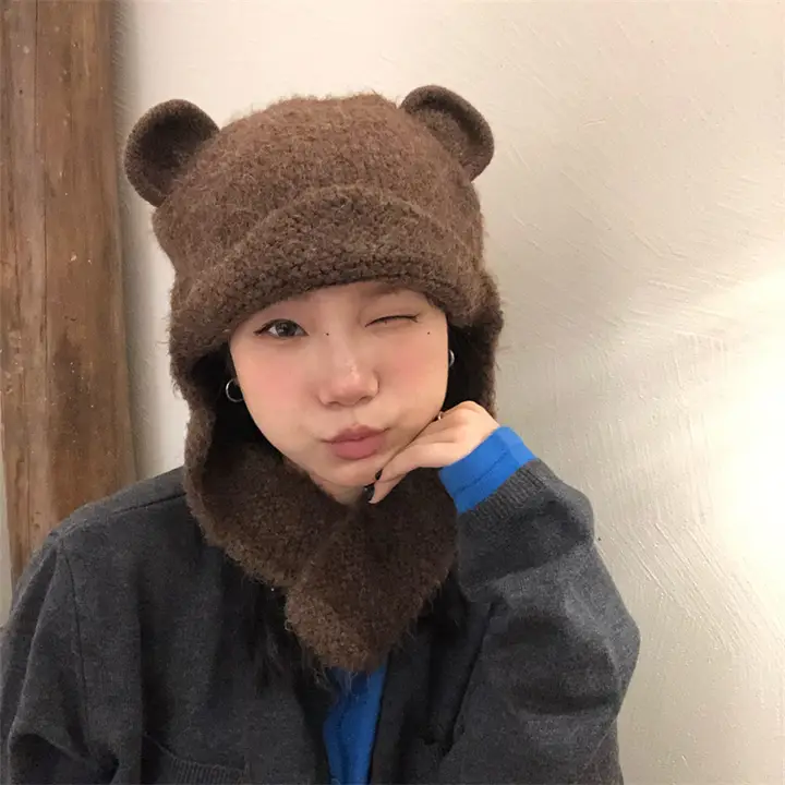 ハートボタン付きクマ耳毛糸帽子【保温・耳あて・カップル向け】