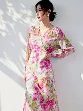 午後のひとときを楽しむシルクピンクプリントワンピース【長袖・桑の実シルク・中長丈】