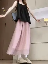 夏用ピンクAラインスカート【ウエストゴム・軽やかなオーガンジー・広がるデザイン】（セットアップ対応）