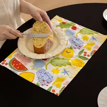 夏の果物デザインの綿製テーブルマット【防油・防水・長方形・インテリアに最適】