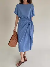 夏用 レディース ドレープデザインのウエストリボン付きミディドレス【ラウンドネック・半袖】