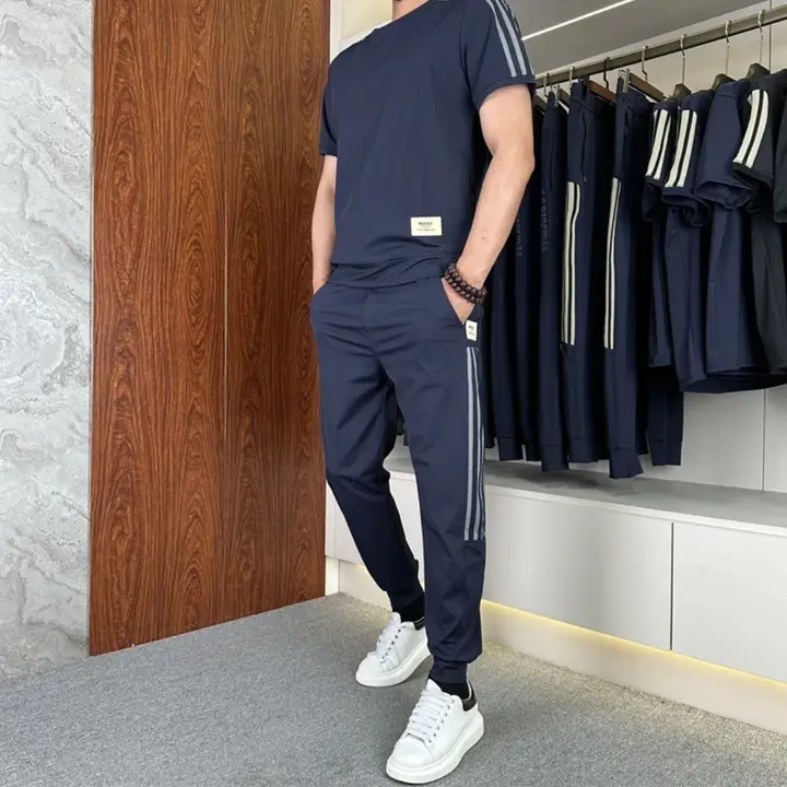 高弹性アイスシルクストライプカジュアルセット【メンズ・薄手・丸首・短袖・長ズボン】（セットアップ対応）