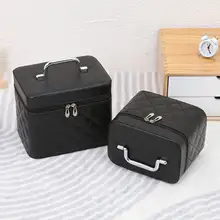大容量ハンドル付きメイクボックス【PU製・ダイヤモンドキルティング・旅行用】