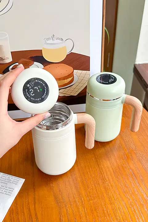温度表示機能付き真空保温マグカップ【茶漉し付き・ビジネス・シンプルデザイン・女性用水筒】
