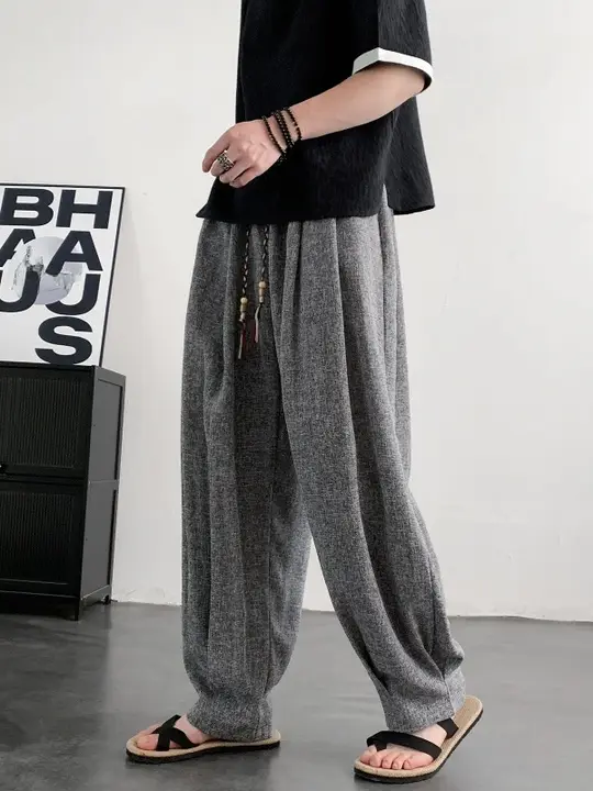 男士ワイドレッグアイスシルクパンツ【刺繍デザイン・アンティーク風】（セットアップ対応）