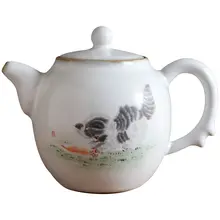 手描き猫デザインの汝窯茶壺【景徳鎮製・レトロ中華・一人用】