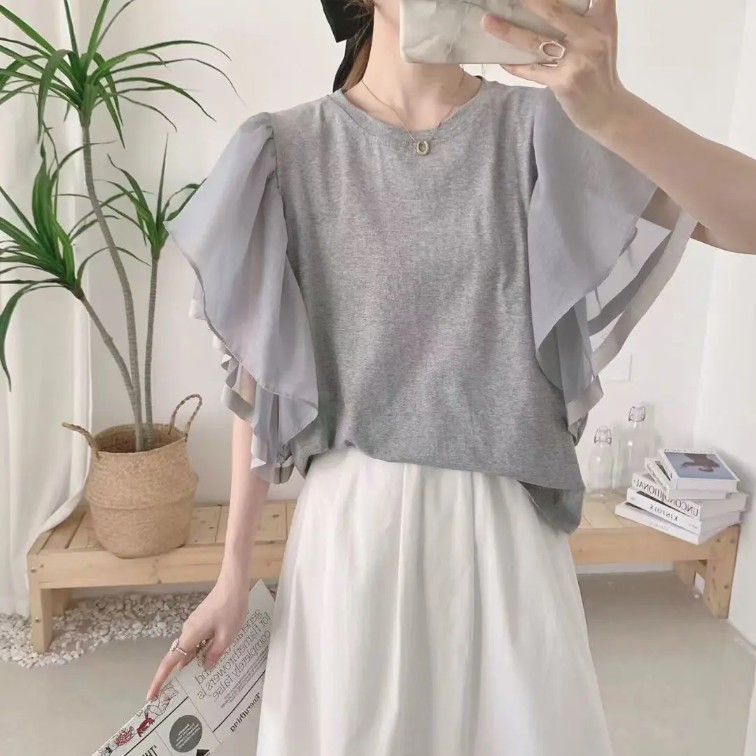 甘美なフリルデザインの短袖Tシャツ【コットン素材・メッシュ切替・春夏向け】 50代ファッションに合うアイテム