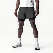 フィットネスショートパンツ メンズ 2in1速乾素材 スリットデザイン