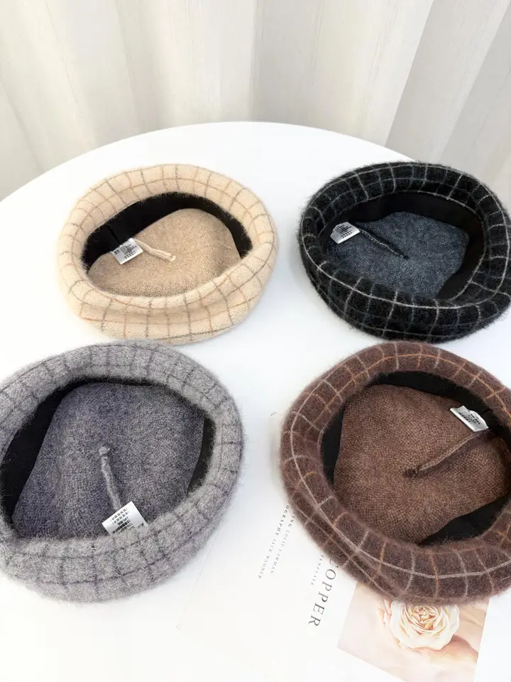 ツイード風ラメチェックのウール混ウサギ毛ベレー帽【秋冬用・ファッション・女性用】