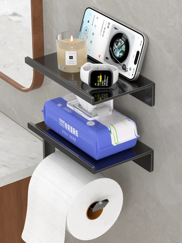 穴あけ不要トイレットペーパー掛け【グレー・壁掛けタイプ】