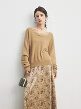 Annata アンバー色 Vネックレースボーダーセーター【女性用・春秋・ルーズフィット】