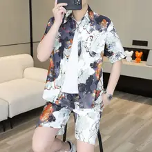 夏季フラワープリント半袖シャツ【メンズ・スリムフィット・カジュアルパンツ・ファッション】（セットアップ対応）