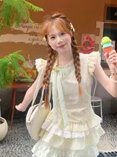 黄色の水玉柄トップスとケーキスカート【夏用・二キャップ】（セットアップ対応）