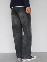 秋用 ブラックグレー デニムパンツ【ストレート・ワイドフィット・ユニセックス・ウォッシュ加工】