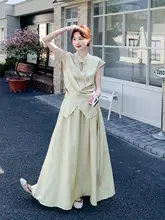 トップス スカート 2点セット レディース チャイナテイスト 透かしデザイン イエロー きれいめ 上品 夏