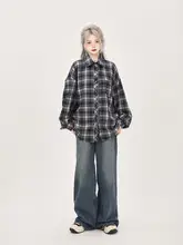 学院風アメリカンレトロオーバーサイズチェックシャツ【春秋用・ゆったりしたデザイン】（セットアップ対応）