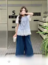 レース切替チェックベストとカジュアルTシャツ、薄手デニムワイドパンツ【夏用・フリルデザイン】（セットアップ対応）