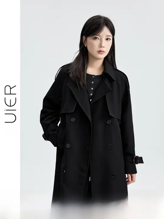 黒のトレンチコート【秋用・カジュアル・フィット・クラシックデザイン】