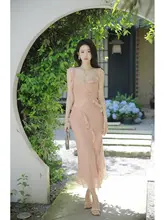 優雅なフリル付きシフォンレースキャミソールドレス【夏用・ミディ丈・透け感あり】