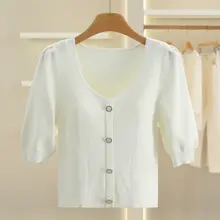 肘丈スリーブのフィット型無地デコレーションボタンVネックニットトップス【秋用・レディース】