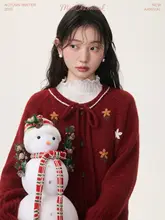 クリスマス雪花デザインのニットカーディガン【ウール混紡・肌触りの良い手編み・ラウンドネック】