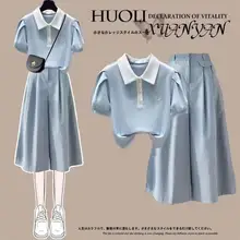 学院風 デザインのパフスリーブ 七分丈スカートパンツ【夏用・学生向け・二部制】（セットアップ対応）