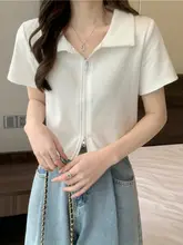 ダブルジップポロ衿ピンク短袖Tシャツ【デザイン性・ cropped・カーディガンスタイル】