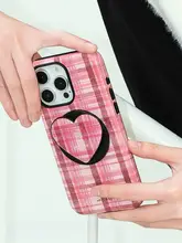 マグネット式スマホスタンド【マグセーフ対応・デスク用・持ち運び便利・ハートチェックデザイン】