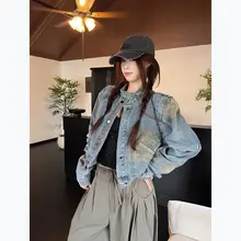カジュアルデニムジャケット【デザイン性のあるカラー切り替え・短丈・ゆったりシルエット・長袖】（セットアップ対応）