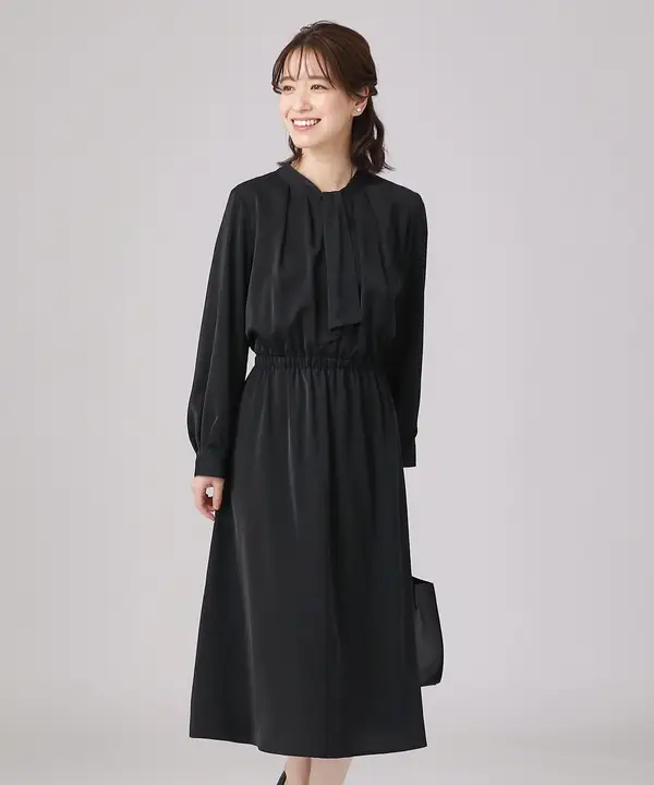 春用 柔らかなドレープのリボン付き長袖ワンピース【2つの着こなし】