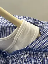 花柄Vネックチェックシャツ【ブルー・デザイン性・インナーキャミソール付き】（セットアップ対応）