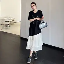 不規則パッチワークのショートスリーブTシャツワンピース【大きいサイズ・夏用・ゆったり・スリム効果】（セットアップ対応）