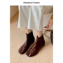 レディース 真皮製 ヴィンテージ風ブラウン カジュアルショートブーツ【ソフトレザー・分かれたつま先・スタイリッシュデザイン】