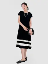 高級感あるカラー切替デザインの中長丈ワンピース【ラウンドネック・夏用】