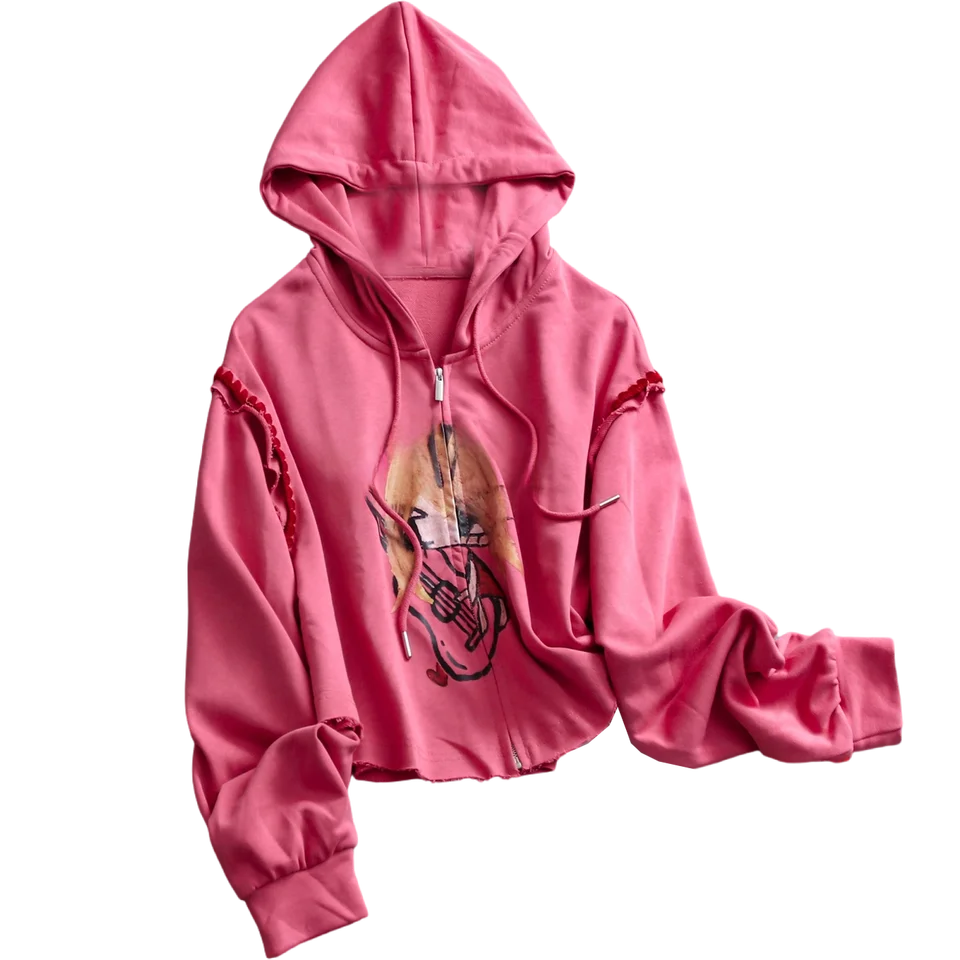 カートゥーンプリントのルーズフィット短丈フード付きジップカーディガン【長袖・レディース・秋用】（セットアップ対応）