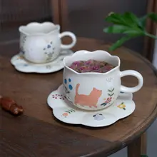 手描き陶器カップ＆ソーサーセット【動物柄・ペア・贈り物に最適】