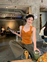 夏用ノースリーブトップス【女性用・オレンジ・タイトフィット・ツイストデザイン】