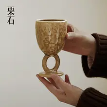 栗石風のハンドメイド陶器マグカップ【カフェスタイル・高脚デザイン】
