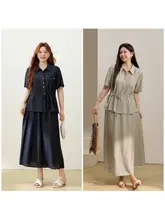 通勤にぴったり！上品なデザインの二点セット【リネン風・ゆったりサイズ】（セットアップ対応）