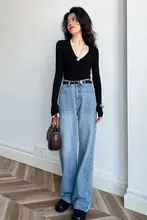 高級感ある浅青色ハイウエストストレートデニムパンツ【ノンストレッチ・柔らかい・スリム効果】