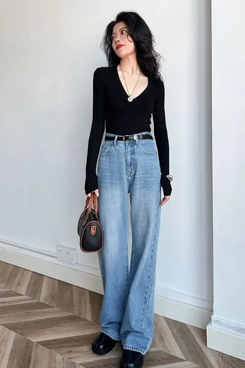 高級感ある浅青色ハイウエストストレートデニムパンツ【ノンストレッチ・柔らかい・スリム効果】